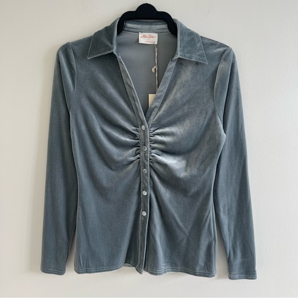 Allie Rose Tops - Allie Rose Ruched Button-Up Velvet Top